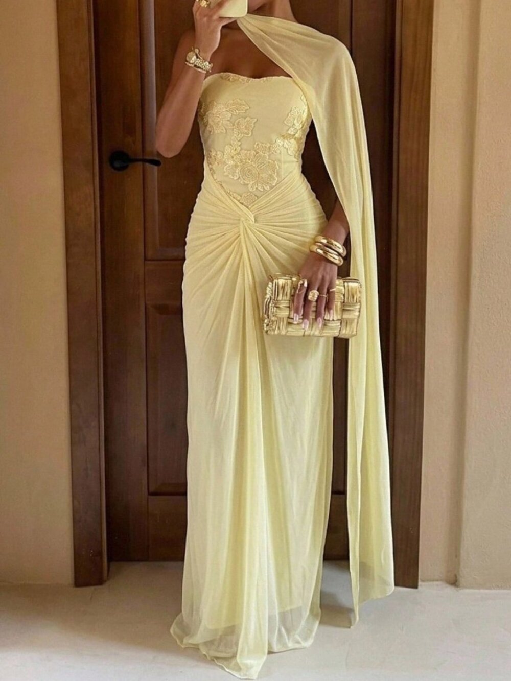 Light Yellow Party Women's Ruched Twist Bodycon Fitted Dress